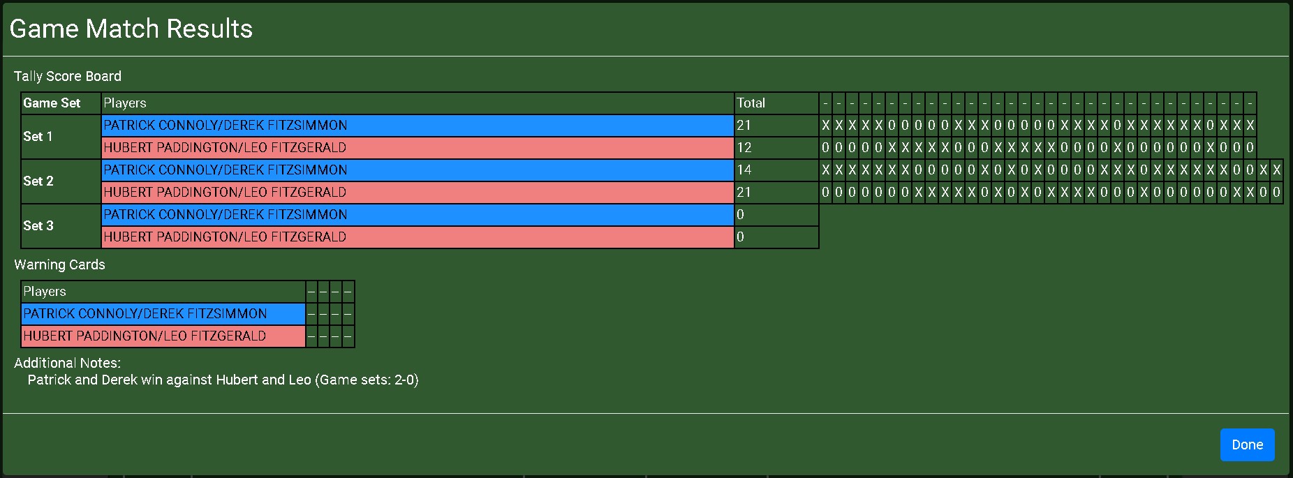 game match tally score sheet pop-ups